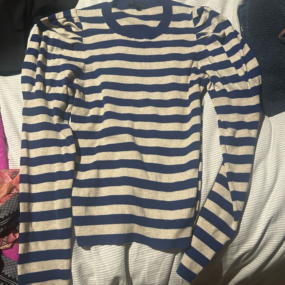 J. Crew Blue and Cream Striped Crewneck Sweater with cute shoulders sleeves new